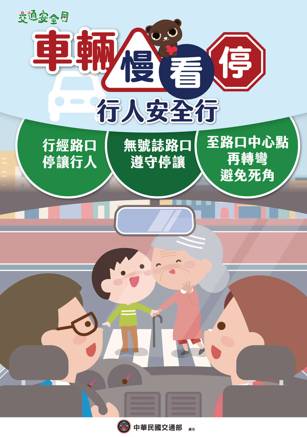 2025交通安全月海報_駕駛版_車輛慢看停 行人停看聽